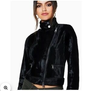 NWT Ramy Brook New York Black Danseur Jacket XS Faux Fur Cropped‎ Moto Biker